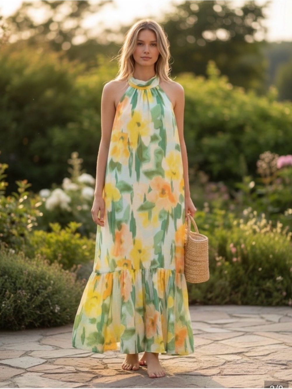 1. State Halter Maxi Dress Green, Yellow & Orange Watercolor Floral Size XL
